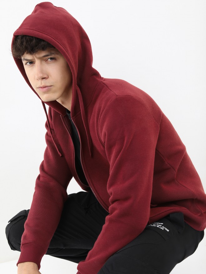 Ketch Men Burgundy Hood Front-Open Sweatshirts 