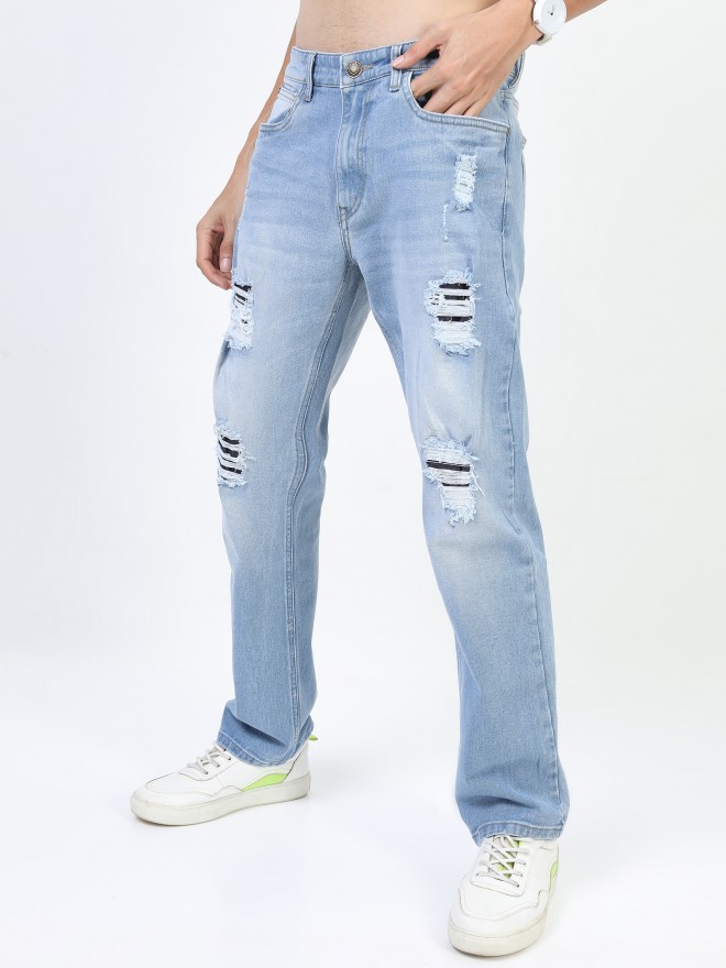 Buy Highlander Blue Straight Fit Highly Distressed Stretchable Jeans ...