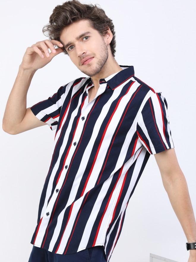 Buy Ketch Navy/Red Slim Fit Striped Casual Shirt for Men Online at Rs ...