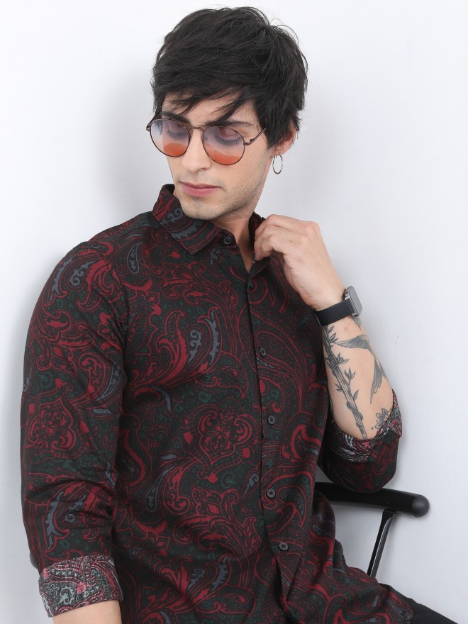 Buy Highlander Maroon Slim Fit Printed Casual Shirt For Men Online At ...