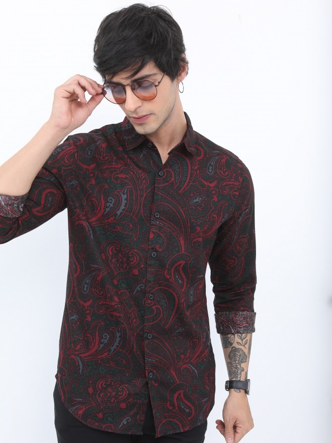 Buy Highlander Maroon Slim Fit Printed Casual Shirt For Men Online At ...