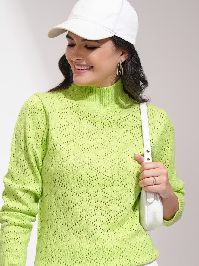 Tokyo Talkies Women Green High Neck Sweaters