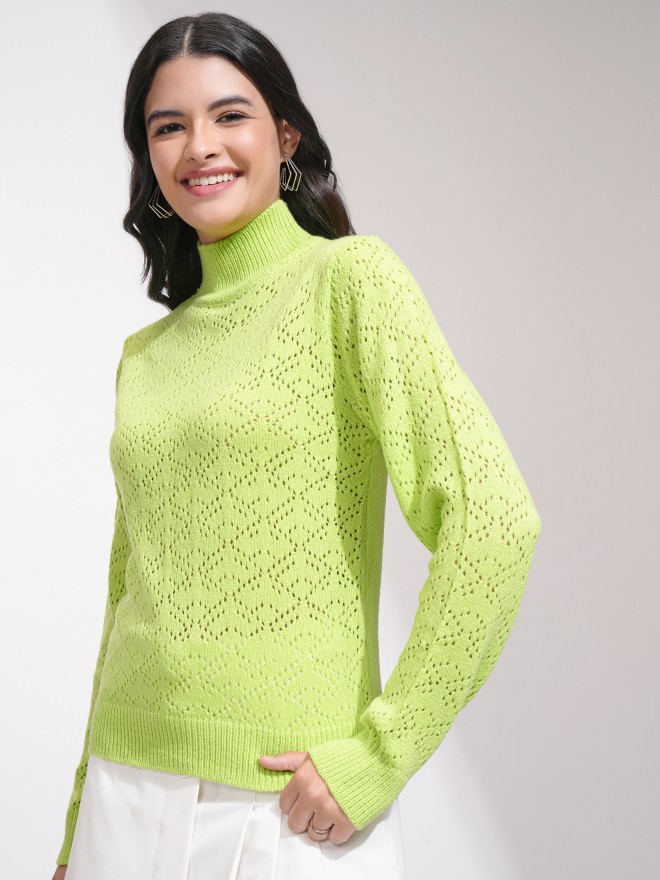 Tokyo Talkies Women Green High Neck Sweaters