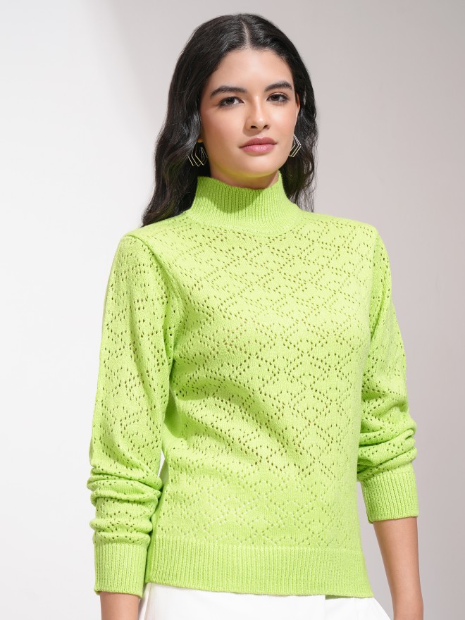 Tokyo Talkies Women Green High Neck Sweaters