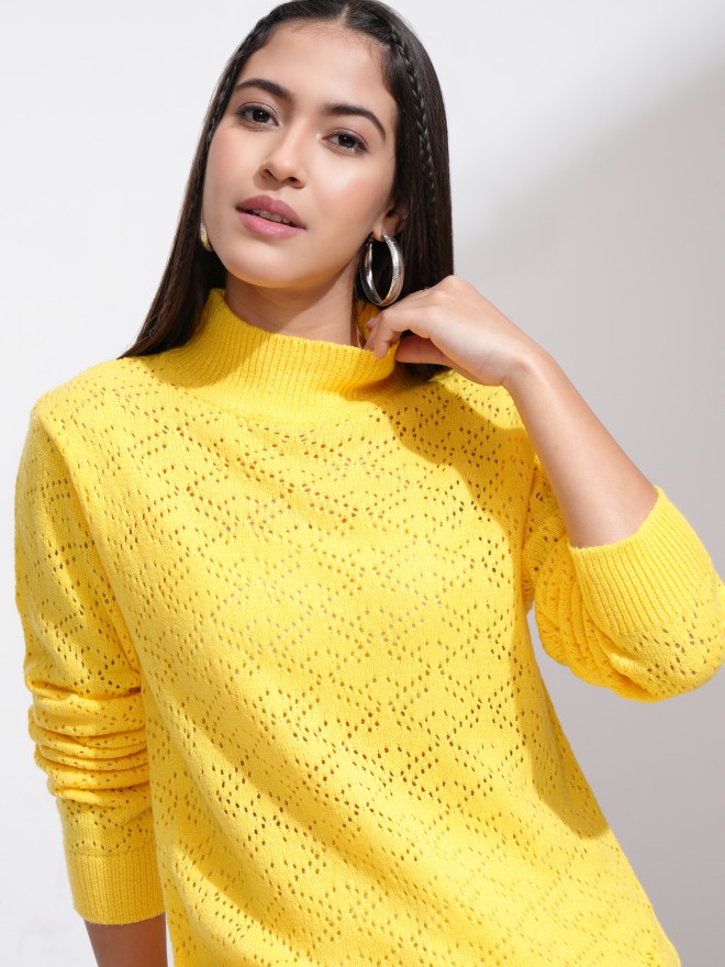 Tokyo Talkies Women Yellow High Neck Sweaters 