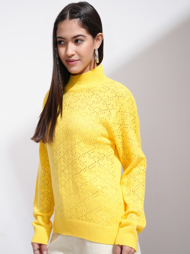 Tokyo Talkies Women Yellow High Neck Sweaters 