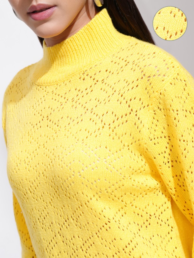 Tokyo Talkies Women Yellow High Neck Sweaters 