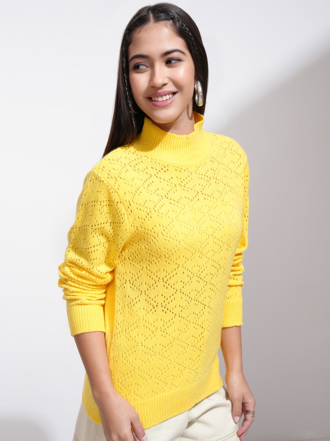 Tokyo Talkies Women Yellow High Neck Sweaters 