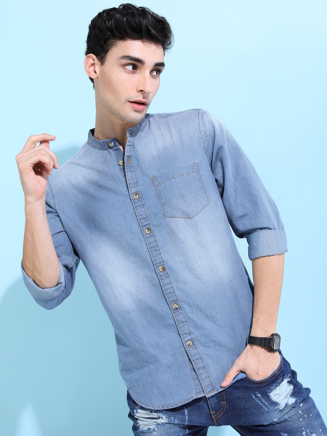 Buy Highlander Mid Blue Solid Slim Fit Casual Shirt for Men Online at ...