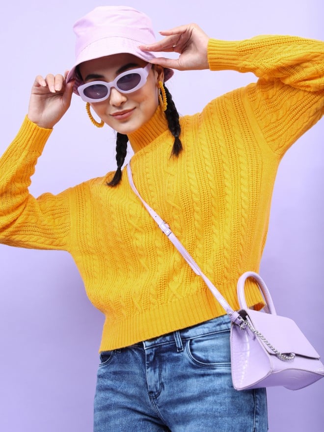 Tokyo Talkies Women Mustard High Neck Sweaters