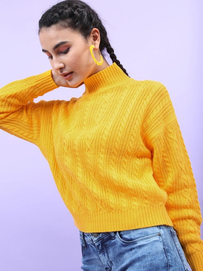 Tokyo Talkies Women Mustard High Neck Sweaters