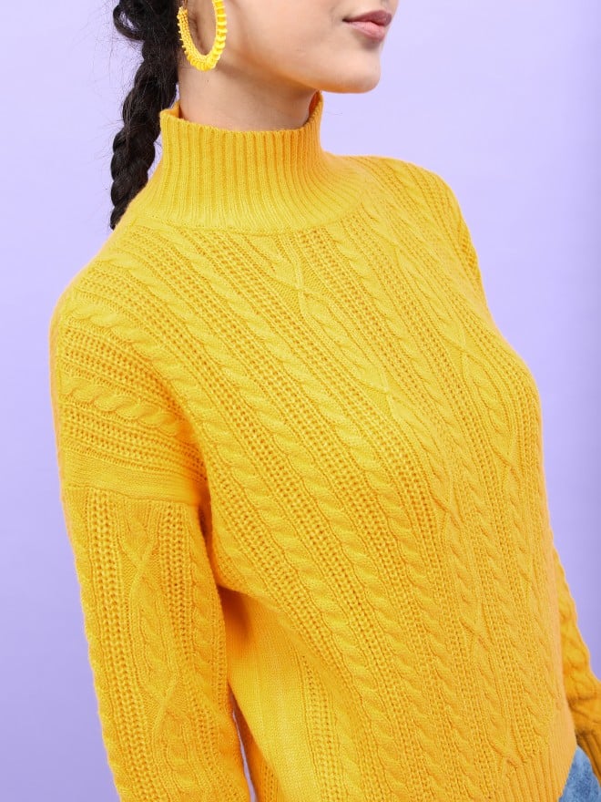 Tokyo Talkies Women Mustard High Neck Sweaters