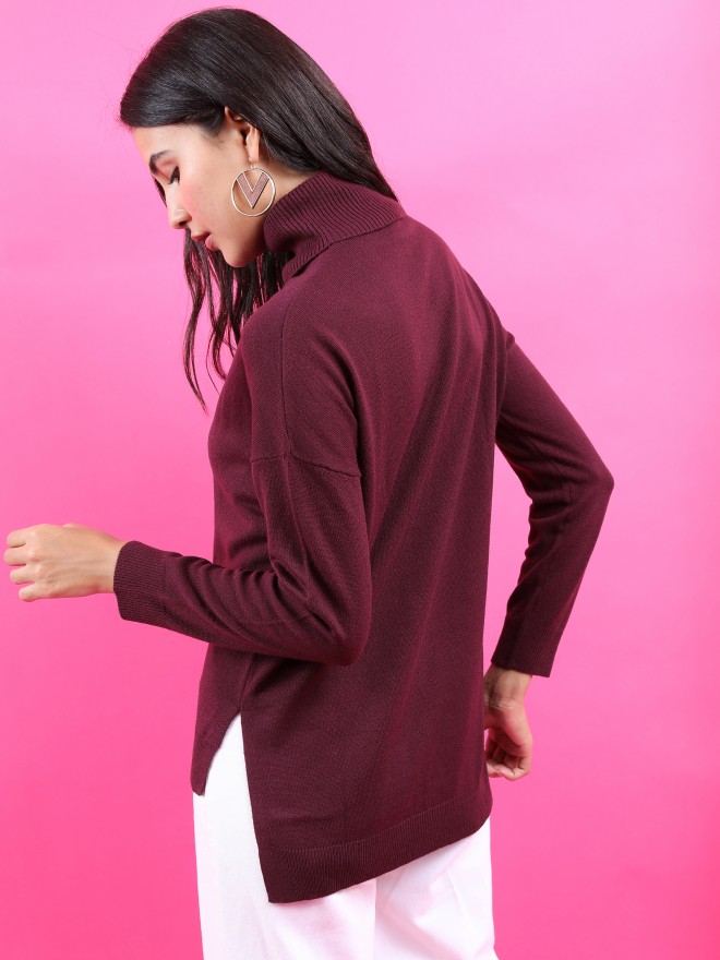 Tokyo Talkies Women Maroon Turtle Neck Sweaters 