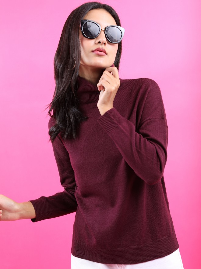 Tokyo Talkies Women Maroon Turtle Neck Sweaters 