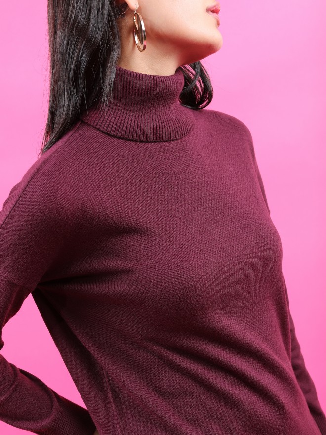 Tokyo Talkies Women Maroon Turtle Neck Sweaters 