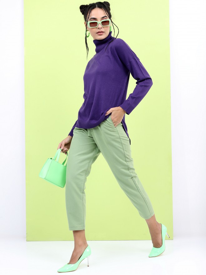 Tokyo Talkies Women Purple Turtle Neck Sweaters 