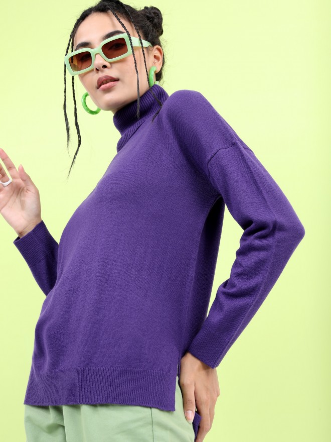 Tokyo Talkies Women Purple Turtle Neck Sweaters 