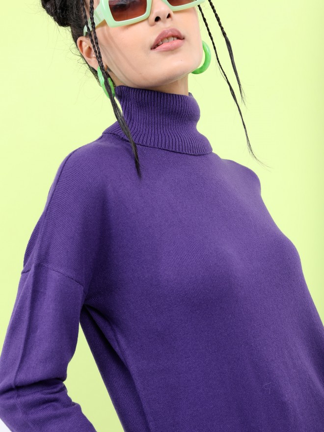 Tokyo Talkies Women Purple Turtle Neck Sweaters 