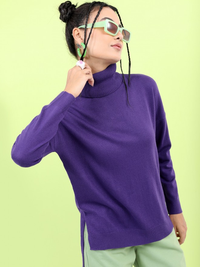 Tokyo Talkies Women Purple Turtle Neck Sweaters 