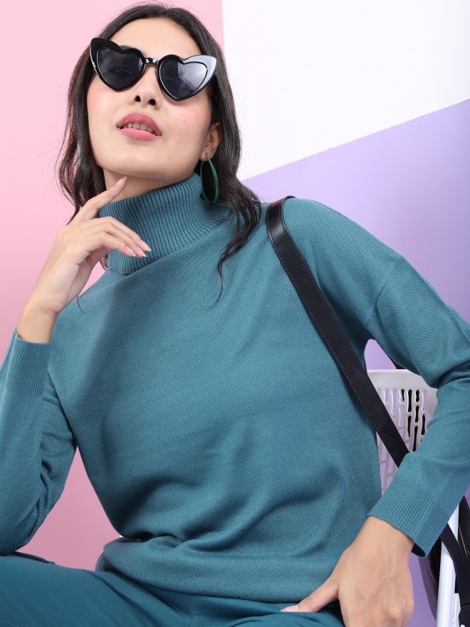 Tokyo Talkies Women Teal Turtle Neck Sweaters 