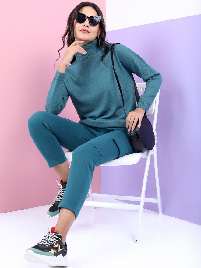 Tokyo Talkies Women Teal Turtle Neck Sweaters 