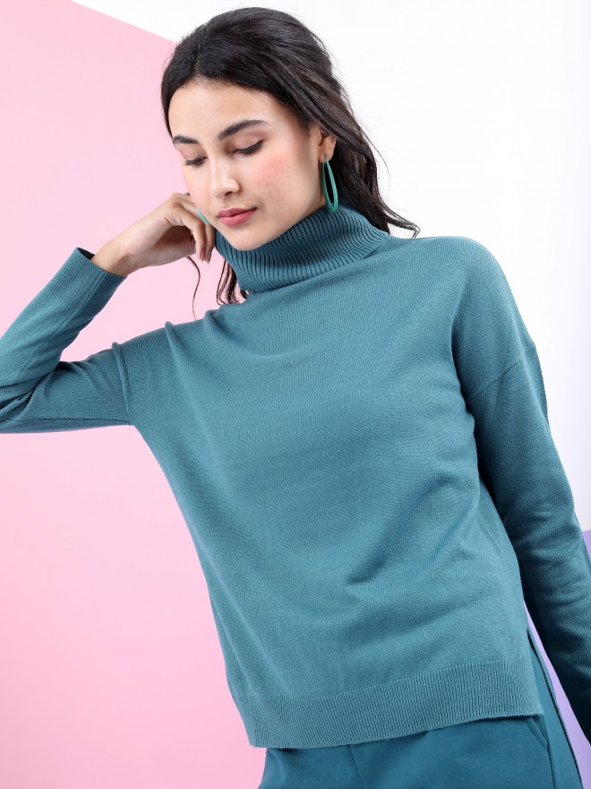 Tokyo Talkies Women Teal Turtle Neck Sweaters 