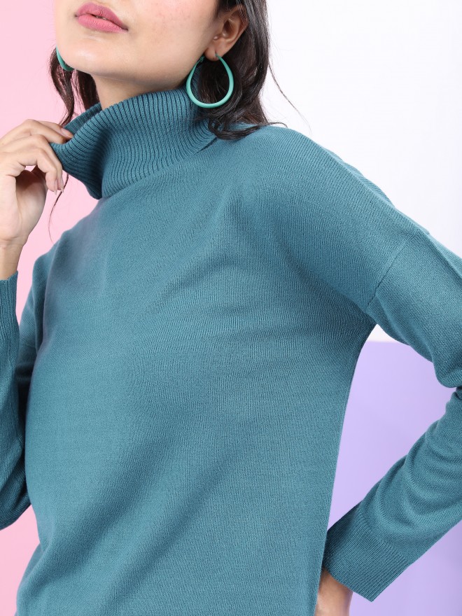 Tokyo Talkies Women Teal Turtle Neck Sweaters 