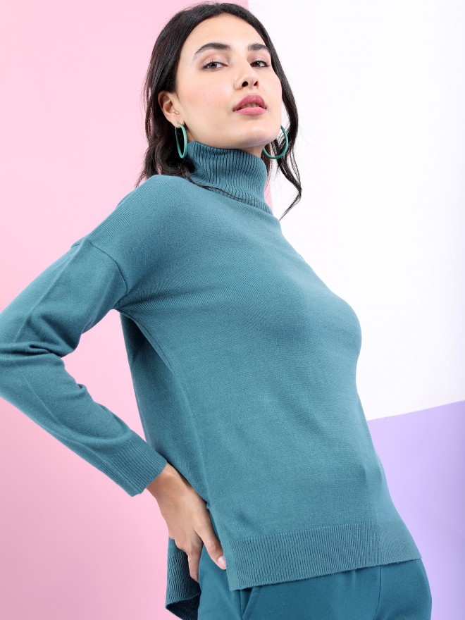 Tokyo Talkies Women Teal Turtle Neck Sweaters 