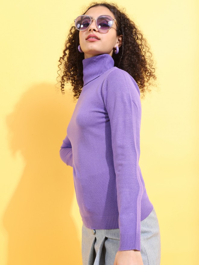 Tokyo Talkies Women Purple Turtle Neck Sweaters 