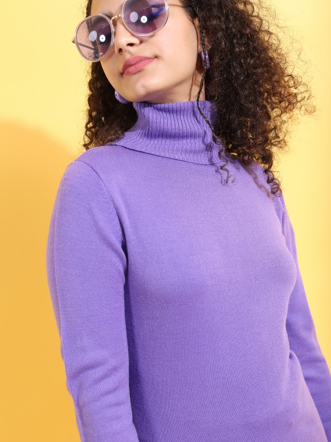 Tokyo Talkies Women Purple Turtle Neck Sweaters 