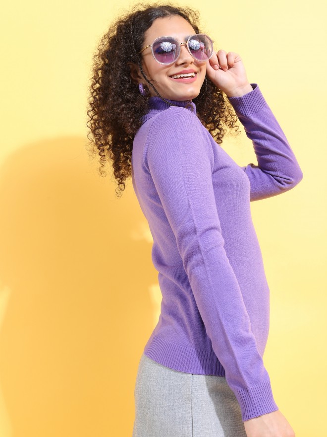 Tokyo Talkies Women Purple Turtle Neck Sweaters 