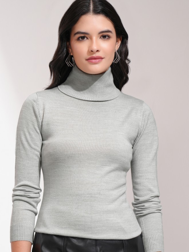 Tokyo Talkies Women Grey Turtle Neck Sweaters 