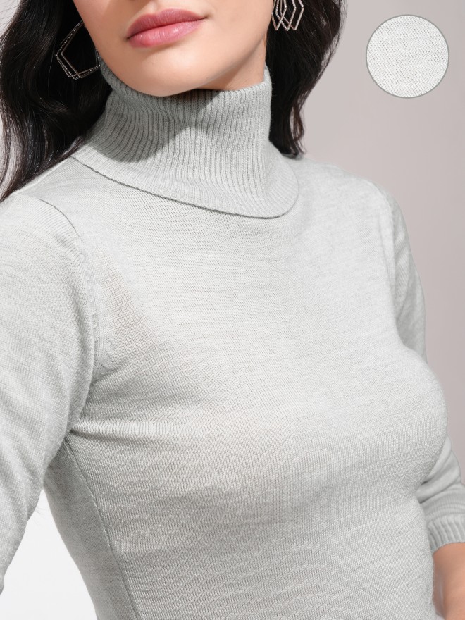 Tokyo Talkies Women Grey Turtle Neck Sweaters 