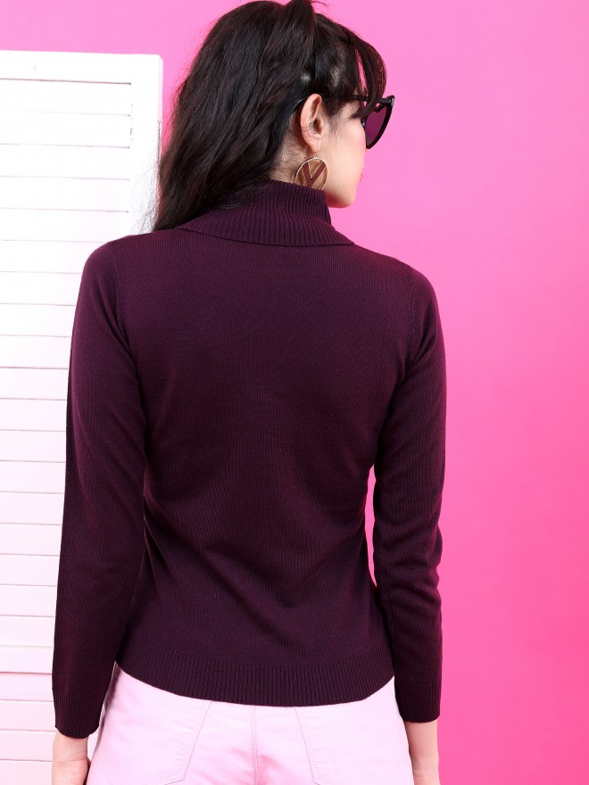 Tokyo Talkies Women Purple Turtle Neck Sweaters 