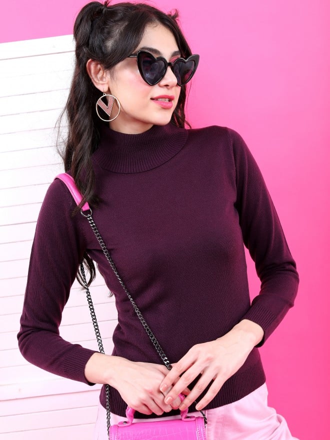 Tokyo Talkies Women Purple Turtle Neck Sweaters 