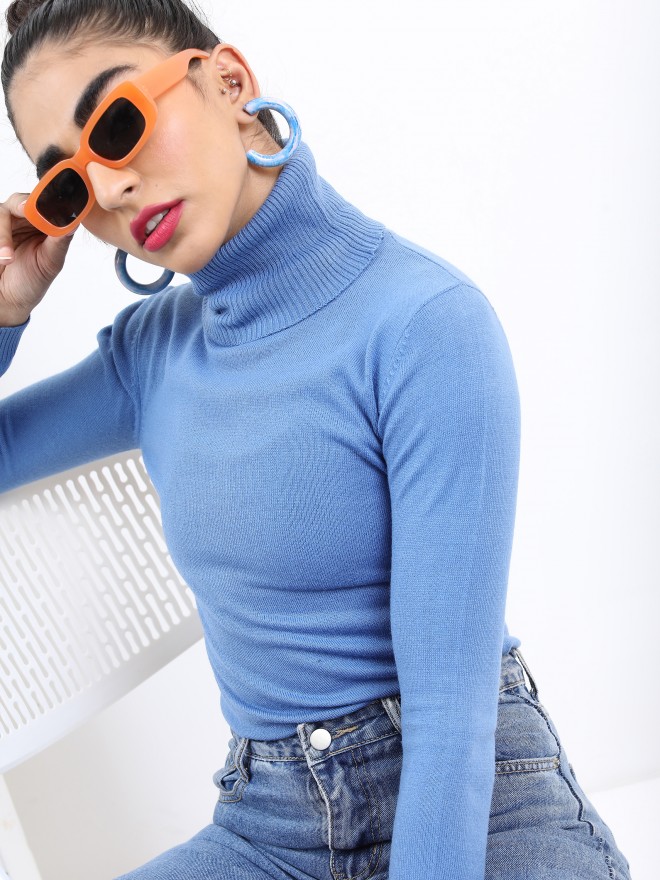 Ketch Women Blue Turtle Neck Sweaters 