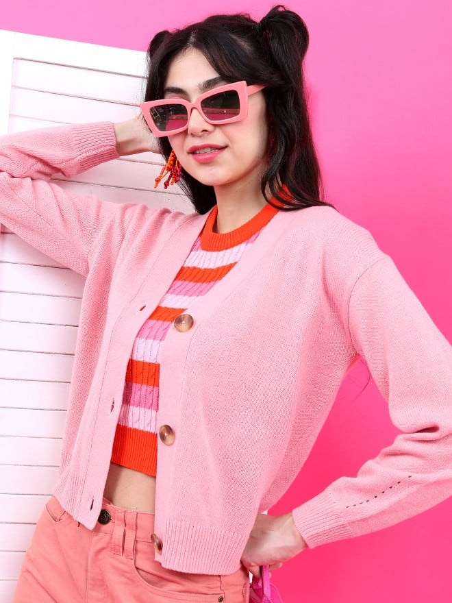 Tokyo Talkies Women Pink V Neck Sweaters