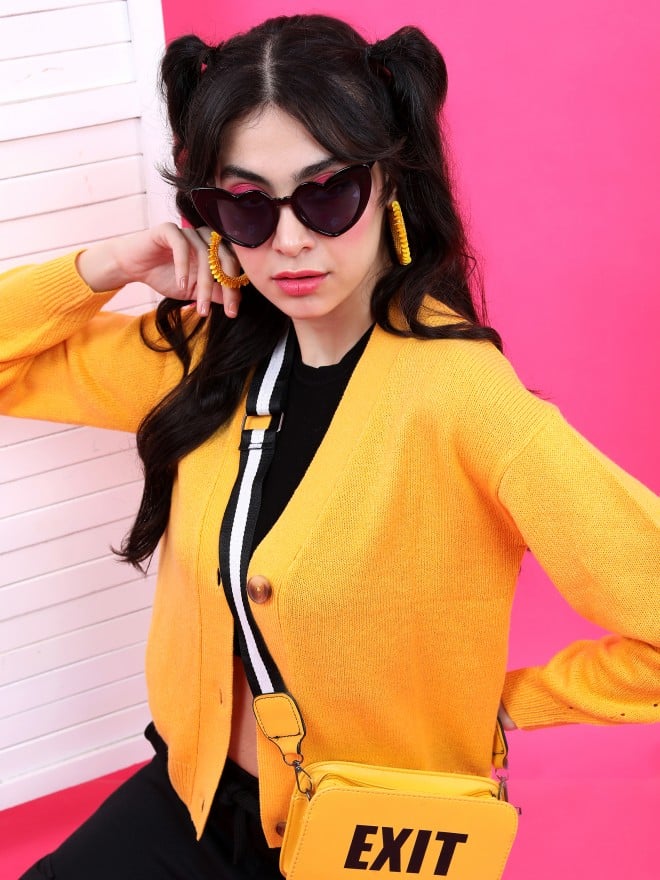 Tokyo Talkies Women Mustard V Neck Sweaters