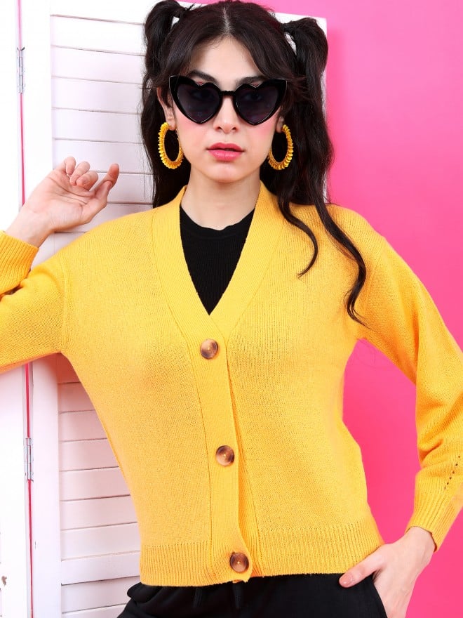 Tokyo Talkies Women Mustard V Neck Sweaters