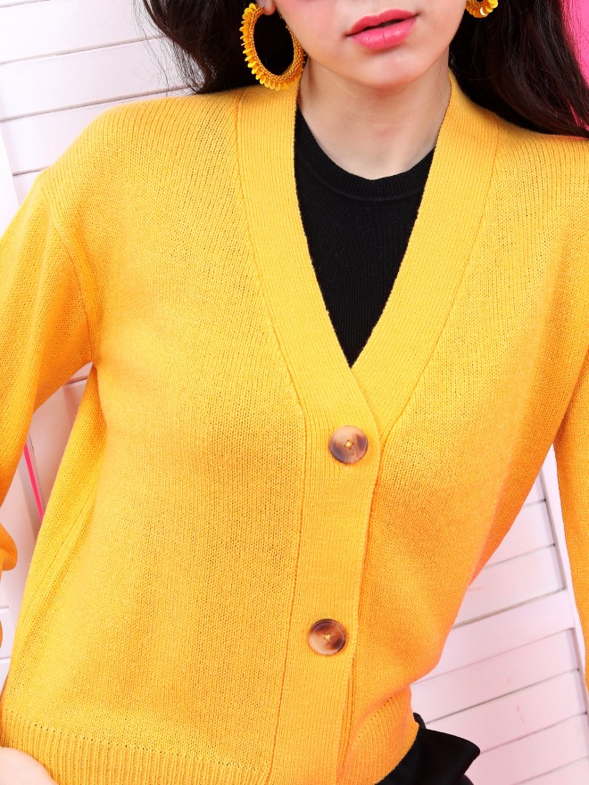 Tokyo Talkies Women Mustard V Neck Sweaters