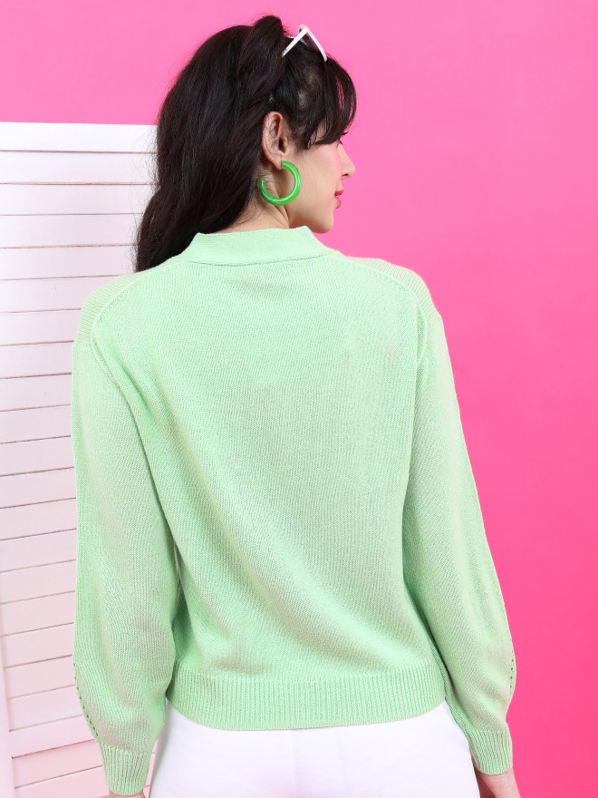 Tokyo Talkies Women Green V Neck Sweaters