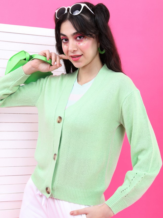 Tokyo Talkies Women Green V Neck Sweaters