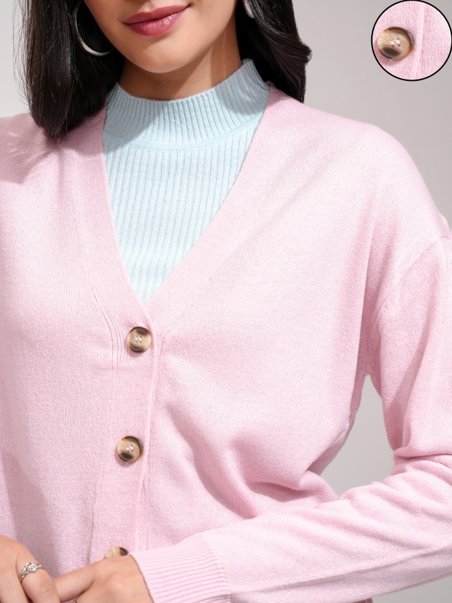 Tokyo Talkies Women Pink V Neck Sweaters