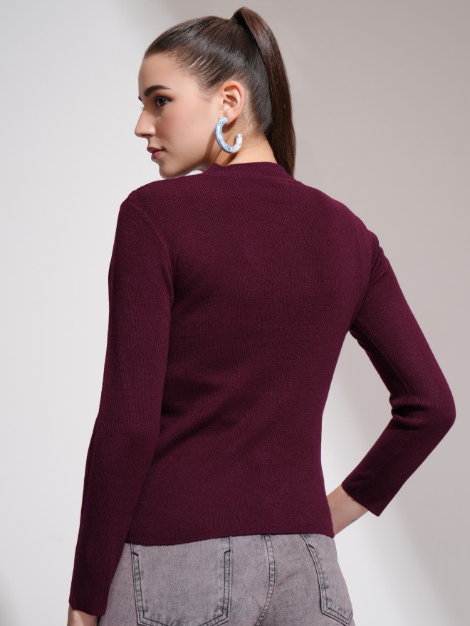 Tokyo Talkies Women Maroon Round Neck Sweaters 