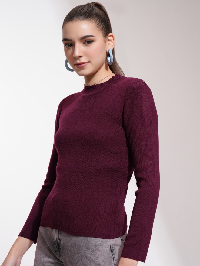 Tokyo Talkies Women Maroon Round Neck Sweaters 