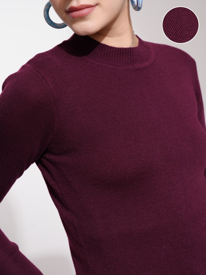 Tokyo Talkies Women Maroon Round Neck Sweaters 