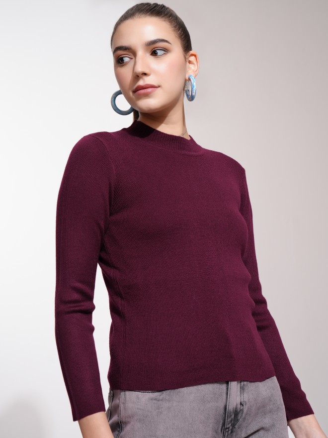 Tokyo Talkies Women Maroon Round Neck Sweaters 