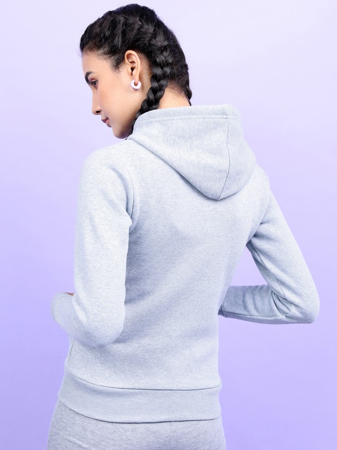 Tokyo Talkies Women Grey Solid Front-Open Hood Sweatshirts 