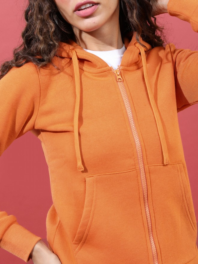 Tokyo Talkies Women Terracotta Solid Front-Open Hood Sweatshirts 