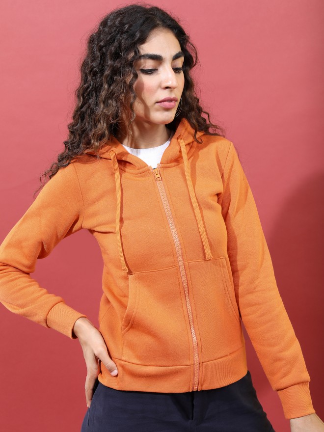 Tokyo Talkies Women Terracotta Solid Front-Open Hood Sweatshirts 